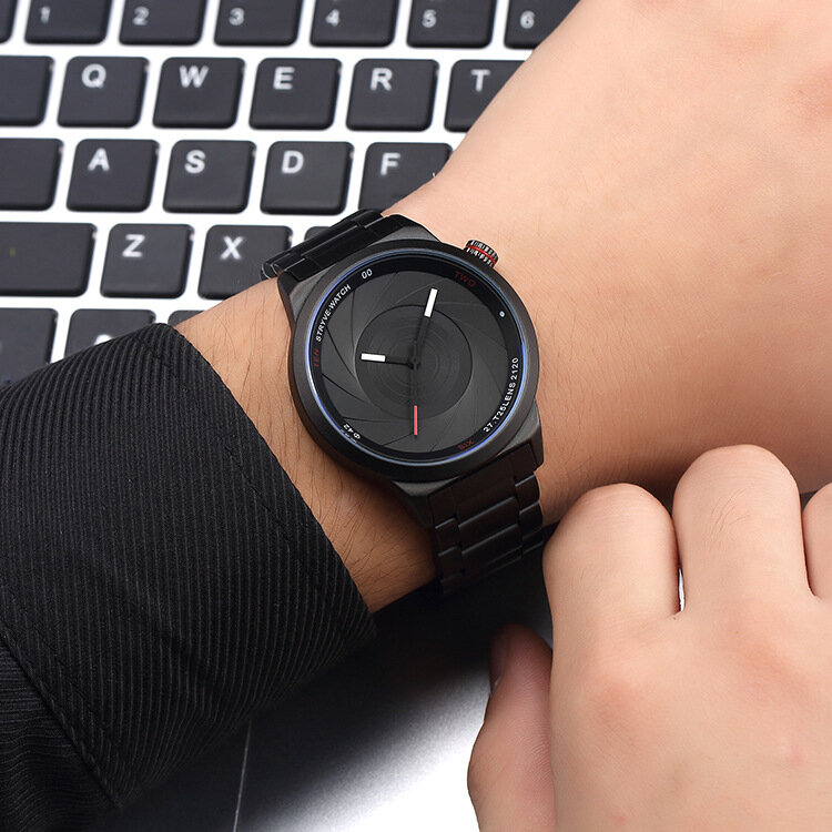 2020 luksusowa moda aparat obiektyw pas stalowy zegarek męski osobowość czarny zegarek casual zegarek biznesowy relogio masculino erkek saat