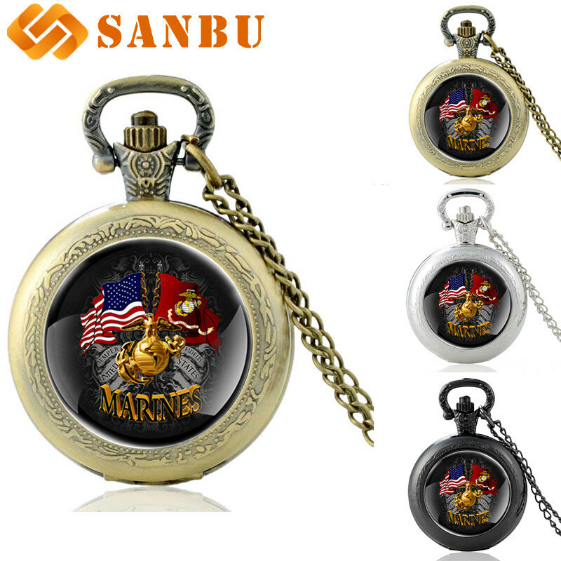 Новые поступления, кварцевые карманные часы с флагом морской пехоты США, винтажные мужские и женские часы с бронзовым кулоном, ожерелье, ант...