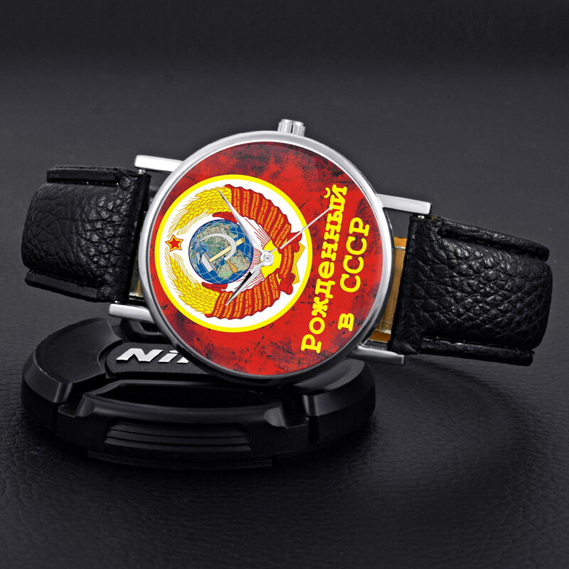 Klassische UDSSR Sowjetische Abzeichen Sichel Hammer Quarz Armbanduhr CCCP Russland Emblem Kommunismus Männer Frauen Armband Leder Beiläufige Uhr