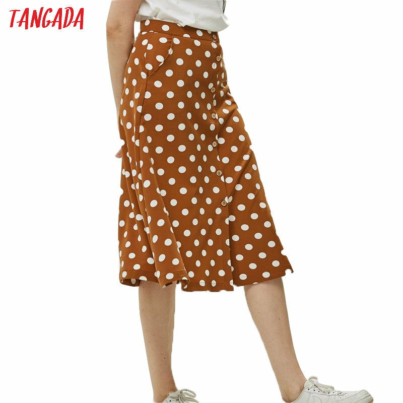 Tangada vintage polka dot impressão saia para mulheres coréia moda senhoras midi saia boho bolsos botão saias qj26