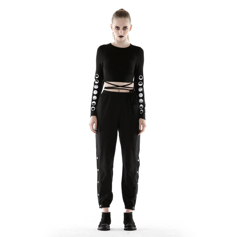 New Punk Women Lace-up Waist Black Tops Sexy Long Sleeve With Printed Dew Belly Tops Spring and Fall Clothes
