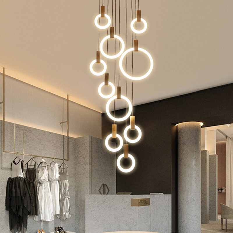 โพสต์โมเดิร์น Nordic ไม้แขวน LED Hanglampen ห้องนั่งเล่นบันไดโรงแรมวงกลมรอบอะคริลิคจี้ไฟ