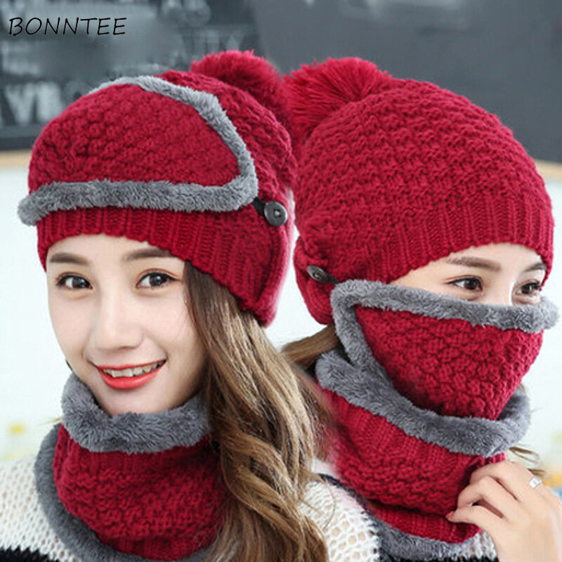 Winter Women Aesthetic Warm Knitted Hat Scarf Mask Three Set Womens Cute Hairball Thickening Neck Protection Trendy All-match