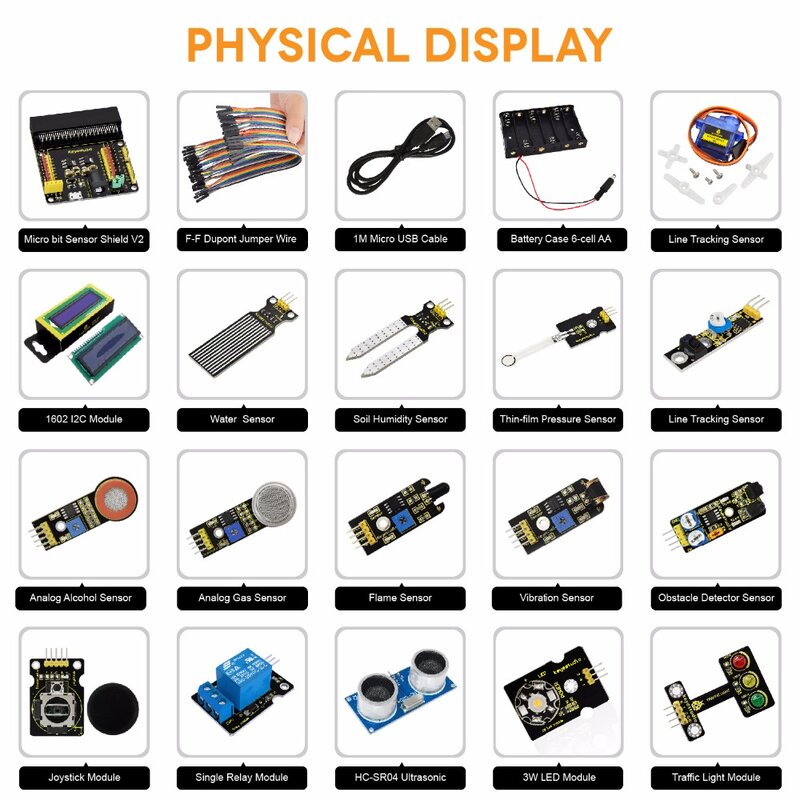 Keyestudio micro bit sensor kit 37 em 1 sensor starter kit para bbc micro: bit v2 kit aprendizagem (sem micro: bit board)