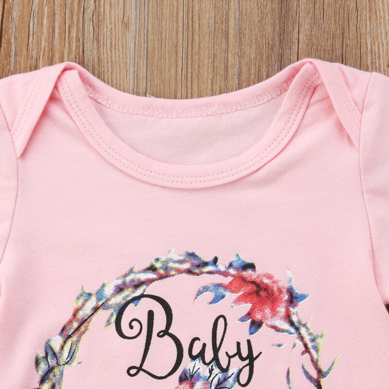 Bayi Baru Lahir Anak Bayi Perempuan Pakaian Set Pink Atasan Huruf Bunga Baju Monyet + Bunga Garis Celana + Headband 3Pcs Pakaian pakaian Set