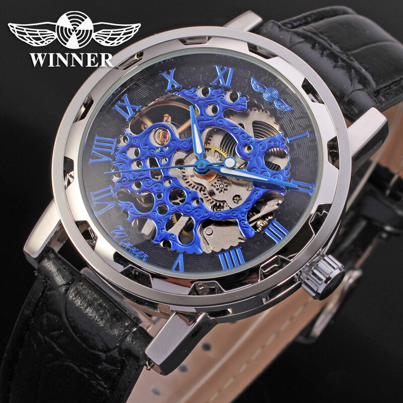 WINNER Steampunk Hollow Skeleton Mechanical Watch Men's Brand Luxury Business Genuine Leather Steel Wristwatch Clock Waterproof