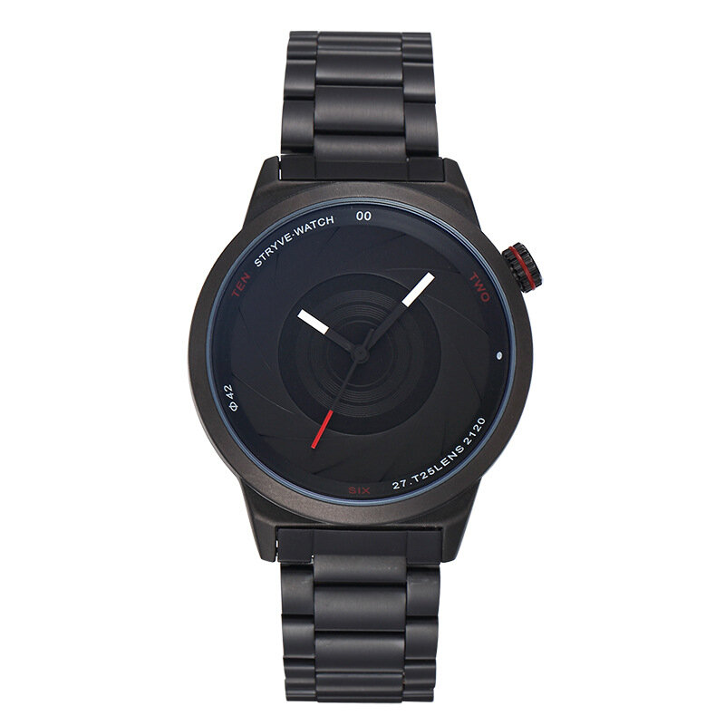 ساعة يد رجالية سوداء بحزام فولاذي ، عدسة كاميرا فاخرة ، غير رسمية ، عصرية ، 2020