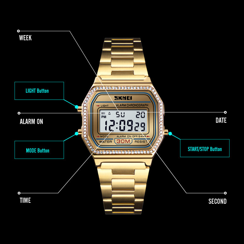 SKMEI – montre numérique de marque pour femmes, bracelet en acier inoxydable, LED numérique, carré, Sport, Relogio Masculino