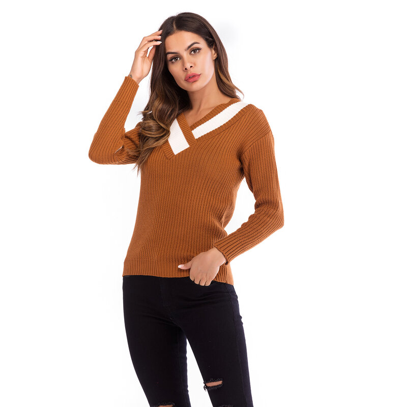 Женский Зимний вязаный свитер контрастных цветов с v-образным вырезом и длинными рукавами для женщин, женский осенний пуловер, свитера