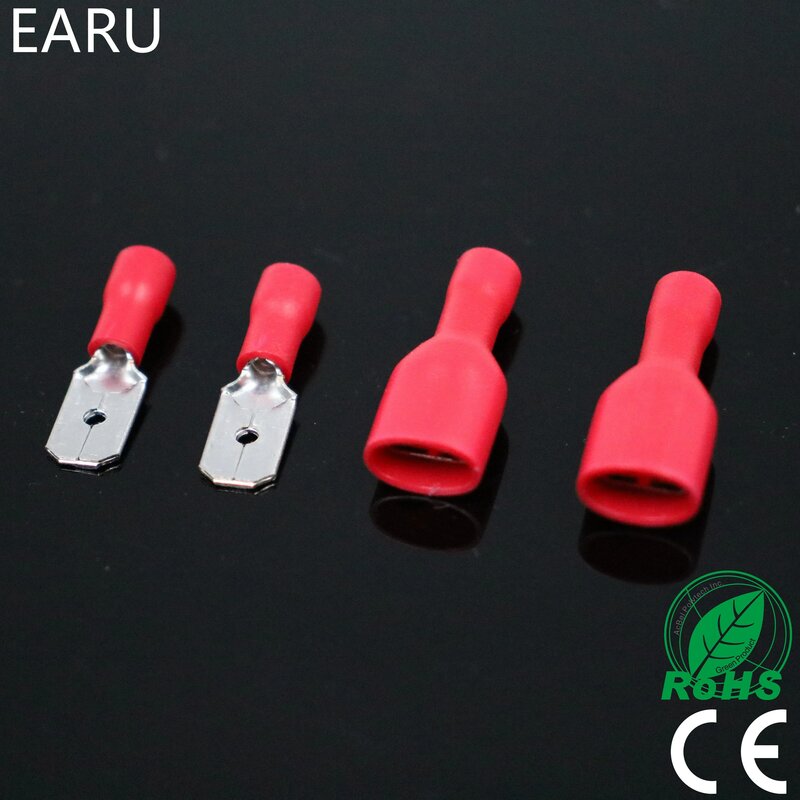 100 sztuk FDFD 1.25-250 MDD1.25-250 6.3mm czerwony kobieta + mężczyzna widełki izolowane elektryczne złącza zaciskowe kabel połączeniowy wtyczka