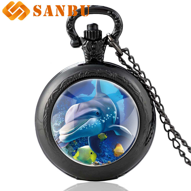 Reloj de bolsillo de cuarzo para hombre y mujer, colgante Retro con diseño de delfín, a la moda, con encanto del mundo submarino