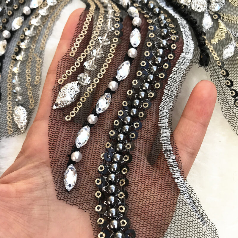 Bi.Dw.M patch per Applique da cucire in rilievo con strass in pizzo di cristallo artigianale Fine 28x41cm per abiti decorativi