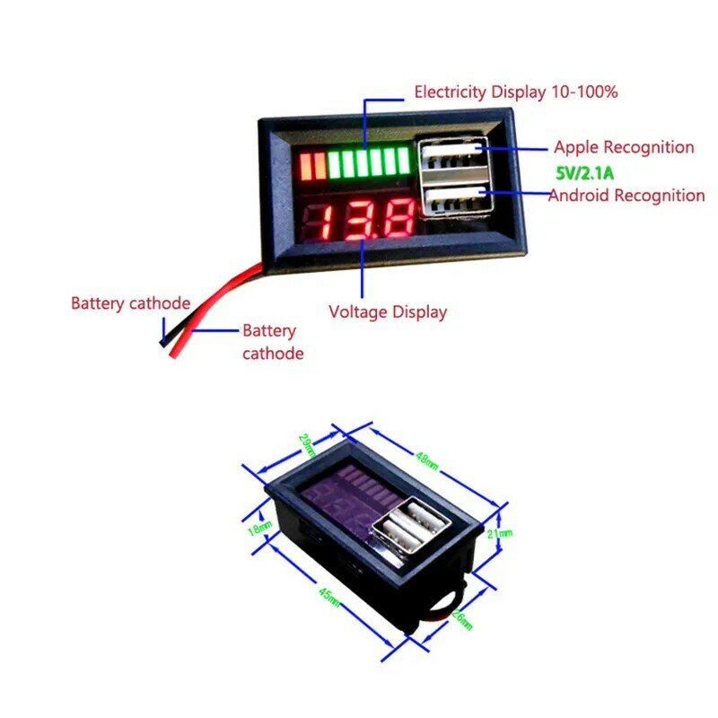Indicador de capacidad de batería de plomo y ácido para coche, pantalla LED multifuncional de 12V, medidor de voltaje, Voltaje de potencia, Cargador USB Dual, 5V, 2A