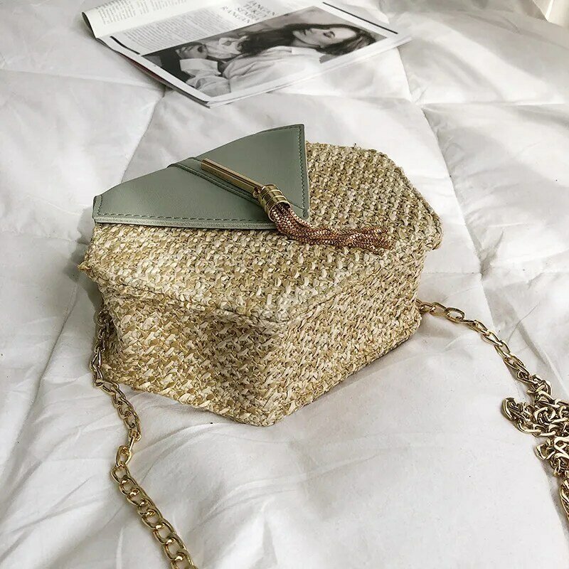 Bolsa de mão de couro + palha estilo hexagonal mulit, bolsa de ombro feminina tecido a mão circular de praia boêmia nova moda