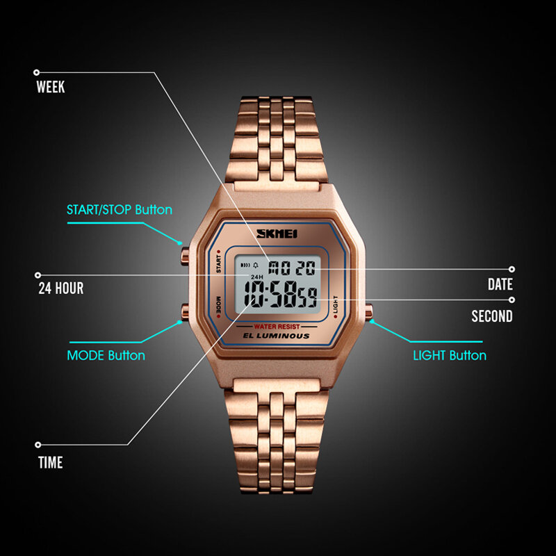 Moda damska cyfrowy zegarek luksusowy różany złoty zegarek na bransolecie ze stali nierdzewnej Top marka SKMEI sport zegarki damskie zegar