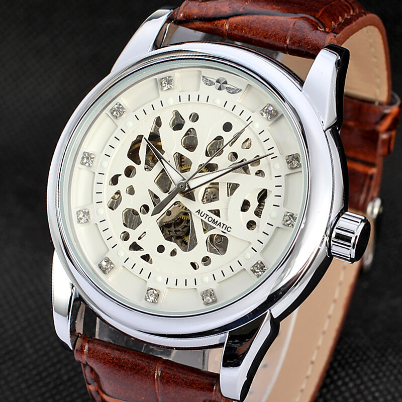 WINNER-Relojes de pulsera mecánicos de cuerda automática para hombre, con grabado de esqueleto de cuero, automáticos
