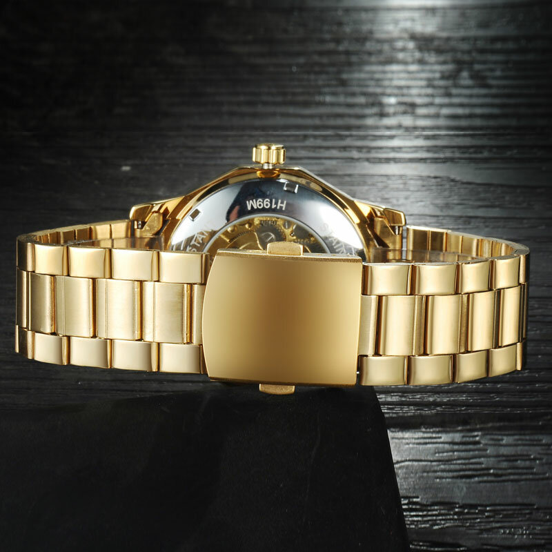 Relógios winner marca, relógio de pulso mecânico de esqueleto, moderno, casual, automático, relógio de vento, pulseira de aço dourado