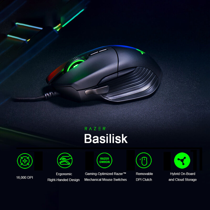 Razer Basilisk-ratón para juegos con cable, dispositivo con Sensor óptico RGB 5G, extraíble, DPI, resistencia de desplazamiento, 8 botones, color negro, 6400DPI/16000DPI