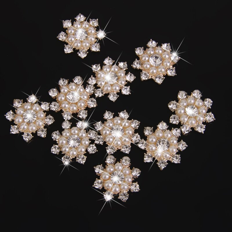 10pcs/lot Vintage Metal Decorative Buttons Crystal Pearl Flower Center Alloy Flat Back Rhinestone Buttons Diy Craft Supplies