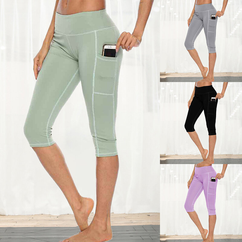 Workout Capris Leggings Side Pocket High Waist Running Yoga Pants Slim Fitness Quick Drying Casual Stretchy Leggings