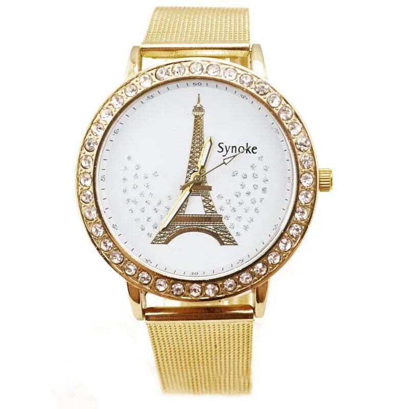 Gran oferta de relojes de diamantes de imitación para mujer, reloj de pulsera de cuarzo con esfera dorada de cristal y Torre Eiffel, regalo para mujer