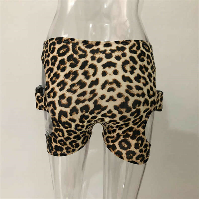Hot Girls Sexy Cut Out High Waist Buckle Biker Shorts Womens Stretchy Leopard Print Slim Sporty Buckle Shorts Wholesale