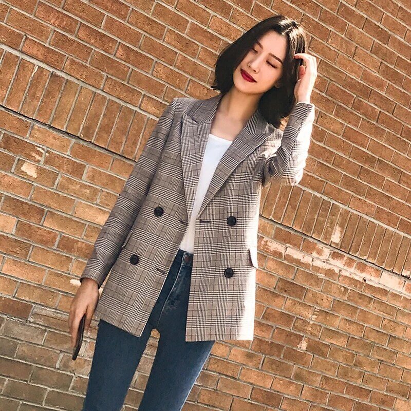 Vintage Double Breasted Plaid Women Blazer Pockets Jackets Female Retro Suits Coat Feminino blazers Outerwear high quality