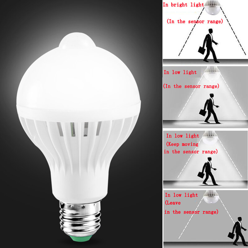 Lâmpada led e27 com sensor de movimento, lâmpada inteligente 220v 110v pir de 5w 7w 9w para iluminação de casa, luz noturna infantil