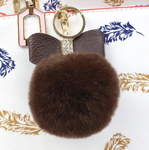8cm Bowknot Pom Keychain Genuine Rex Rabbit Fur Ball Key Chains Loutre Keyring for Bag