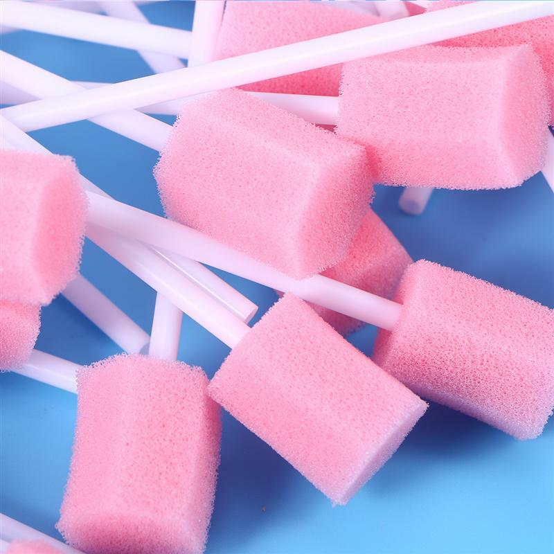 Ruimio 100 Pcs Disposable Oral Care Spons Swab Pembersih Gigi Mulut Penyeka dengan Tongkat Kepala Sponge Cleaning Cleaner Swab