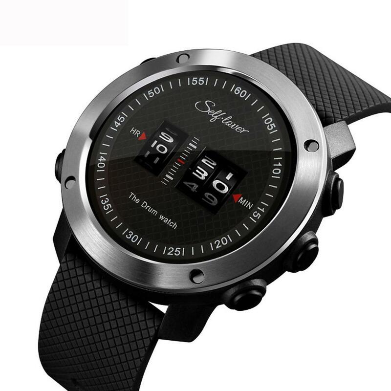 メンズドラムロール見事なユニークな時計ローリング時間ラバーストラップ防水液晶デジタル陸軍スポーツラバー腕時計レロジオq