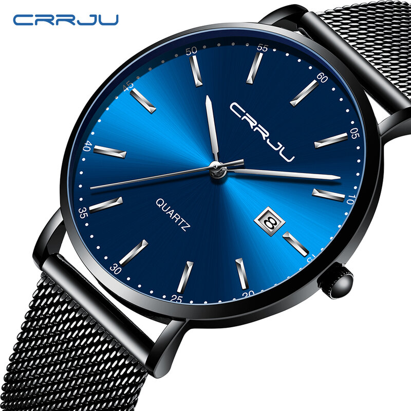 CRRJU-ساعة رجال الأعمال الكلاسيكية ، سوار معصم أسود وأزرق للرجال ، أنيق ، مقاوم للماء ، شاشة التاريخ