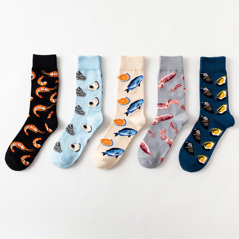New Tide Socks Fashion Color Socks Unisex 5 Color Personality Cotton Socks Seafood Pattern Series