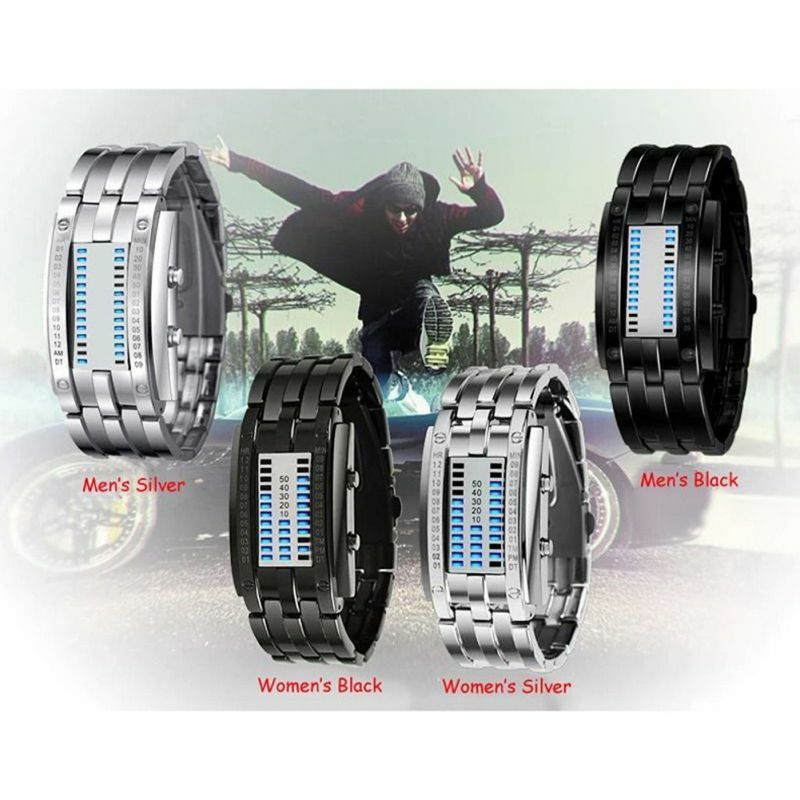 Часы для мужчин и женщин, технология будущего, цифровые спортивные часы с двойным черным браслетом из нержавеющей стали и светодиодной инди...