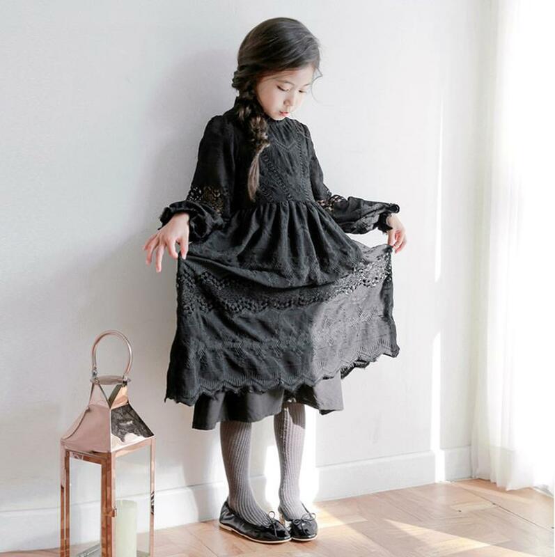 Black lace princess dress baby gril teens long sleeve spring autumn dresses for kids clothing New big baby dress 4-14Y ws368