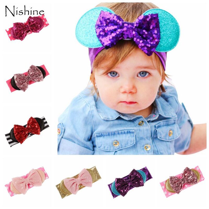 NISHINE Infant Girls Baby Sequin Bow Headwraps Baby Christmas Dot Bow Headband Children Kids Headwear Turban Girl Hair Accessory