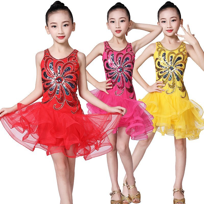 Children's Girl  Dance Dress Solid Sequins Mid Mesh Fluffy Children's Costumes Latin Dance Performance Stage Dance Dress!!