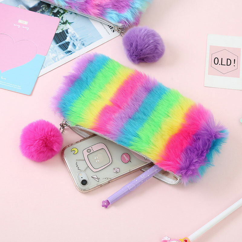 Cute Rainbow Pencil Case for Women Girls School Supplies Faux Rabbit Fur Ball Makeup Storage Pompom Cosmetic Bag Stationery