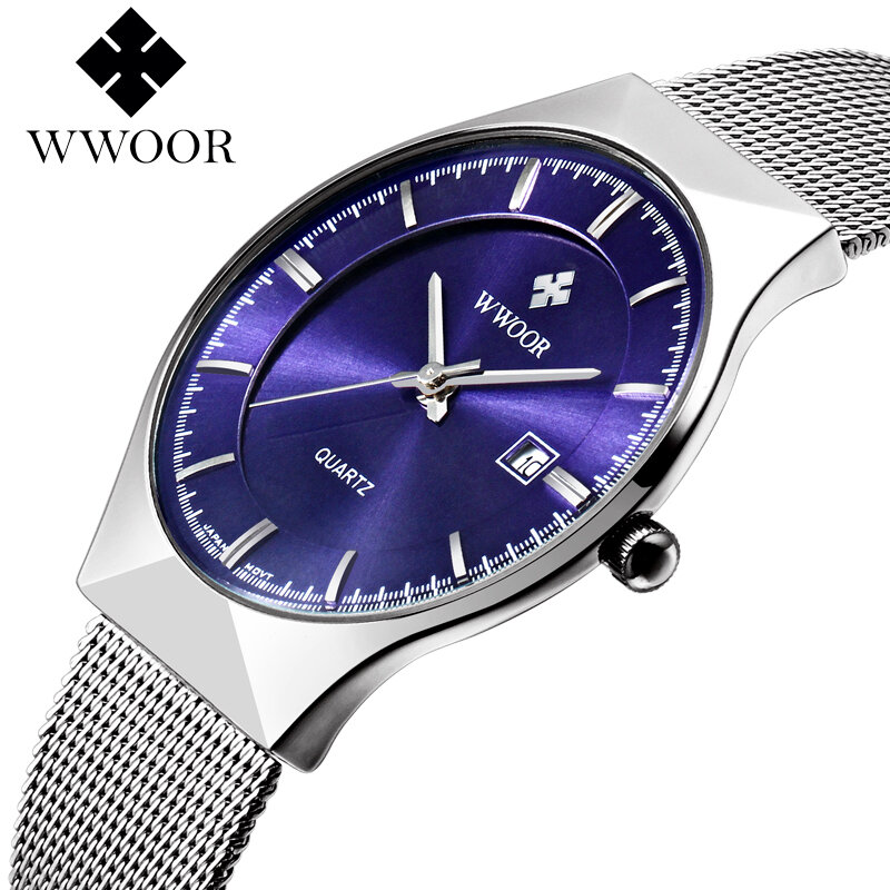 Новая Мода топ luxury brand WWOOR часы мужские кварцевые часы из нержавеющей стали сетка ремешок ультра тонкий циферблат часы relogio masculino