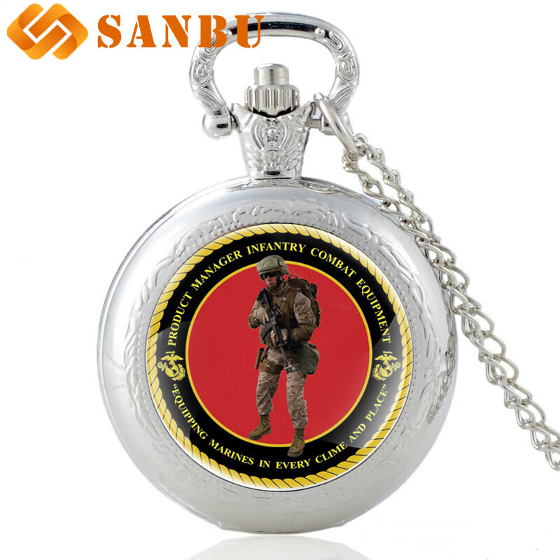 Retro Zwarte Militaire Quartz Horloge Vintage Marines Soldaat Zakhorloge Ketting