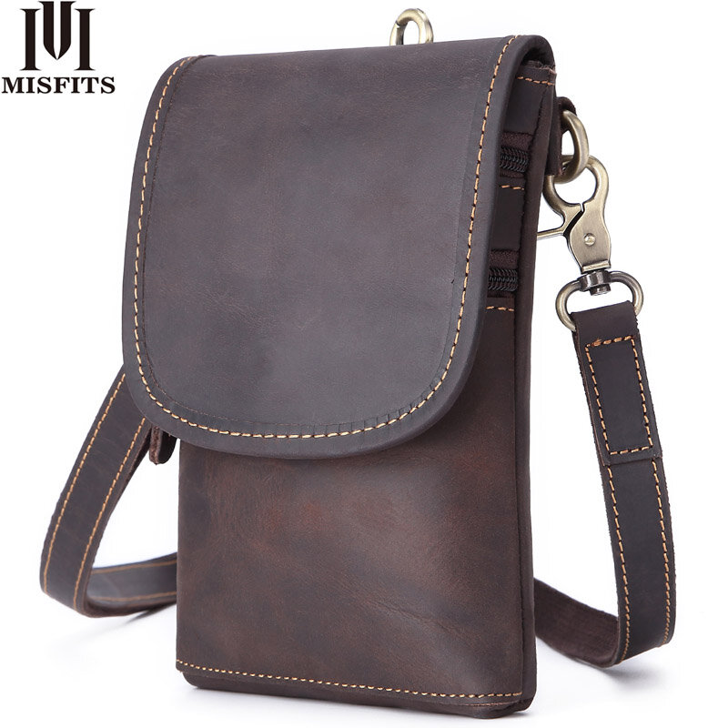 MISFITS-حقيبة كتف من الجلد الطبيعي للرجال ، حقيبة كتف صغيرة عصرية للرجال ، حقيبة هاتف خلوي بحزام ، 100%