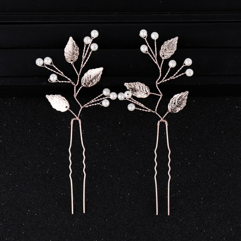 MOLANS Crystal Pearl Leaves Hairpins for Bride Hair Accessories Temperament Water Drill Handmade Alloy Headdress for Wedding