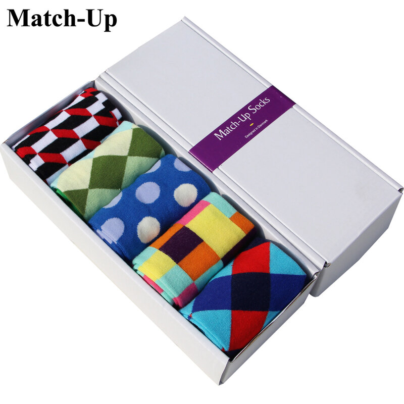 Match-Up Envío Gratis peinados de algodón hombres de la marca calcetines, coloridos calcetines de vestir (5 par/lote) ningún regalo caja