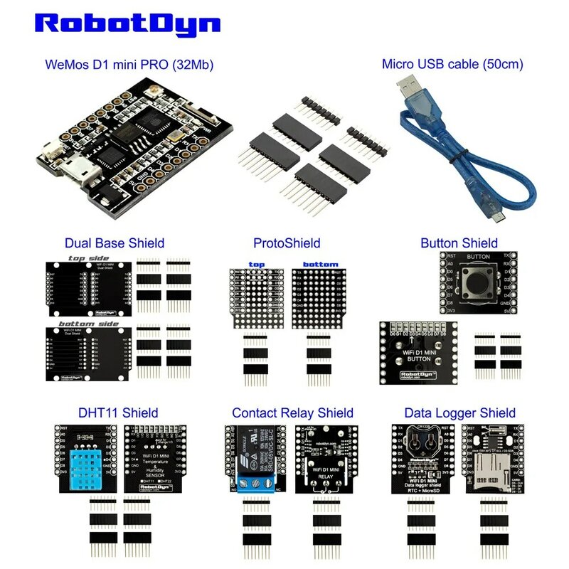Iot Kit: Wemos D1 Mini Pro ESP8266 32Mb, Schild Set: Dual, Protoshield, Knop, relais, Data Log Compatibel Voor Arduino Fiwi Iot
