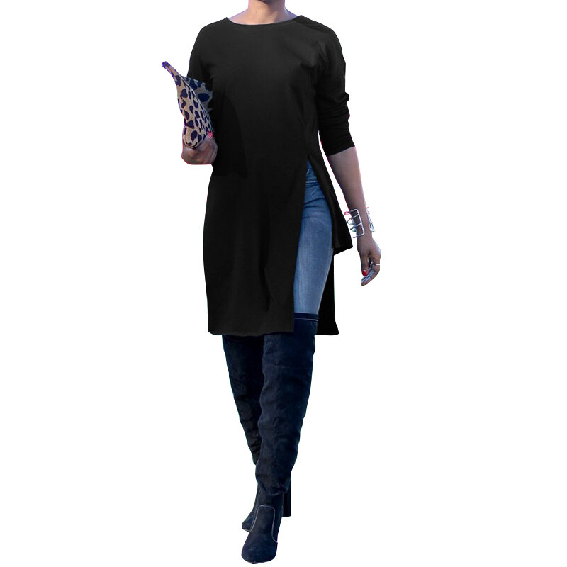 ZANZEA-Blusa larga holgada de manga larga para mujer, camisa con cuello redondo, dobladillo dividido, Irregular, color sólido, Jersey Alto y Bajo para fiesta, 2021