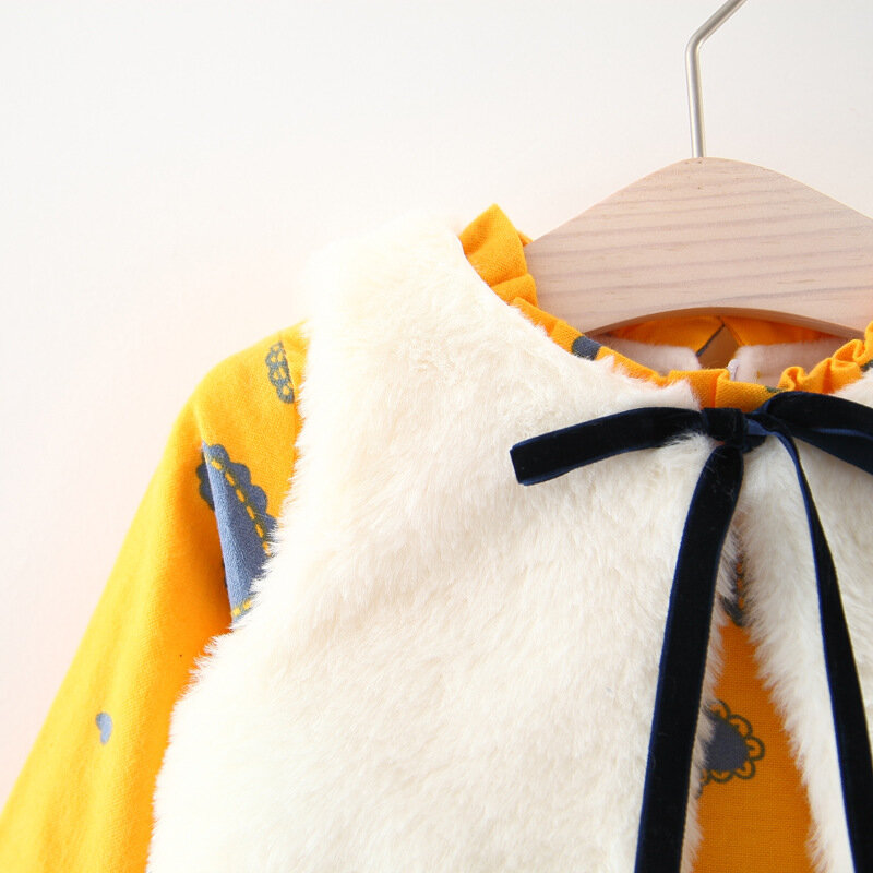 Sodawn 여자 어린이용 드레스, 가을 겨울 여자 두꺼운 플러스 벨벳 긴 소매 다운 드레스 + 흰색 모피 조끼, 아동복 정장 2 개