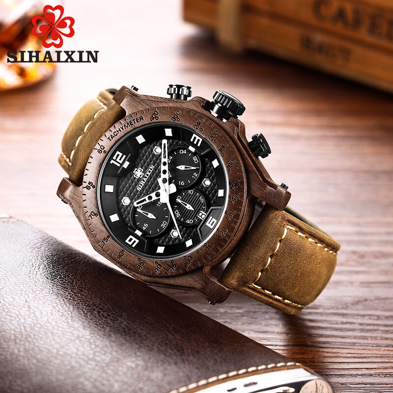 Erkek kol saati – montre-bracelet en bois pour hommes, étanche, cuir rouge, luxe, Quartz