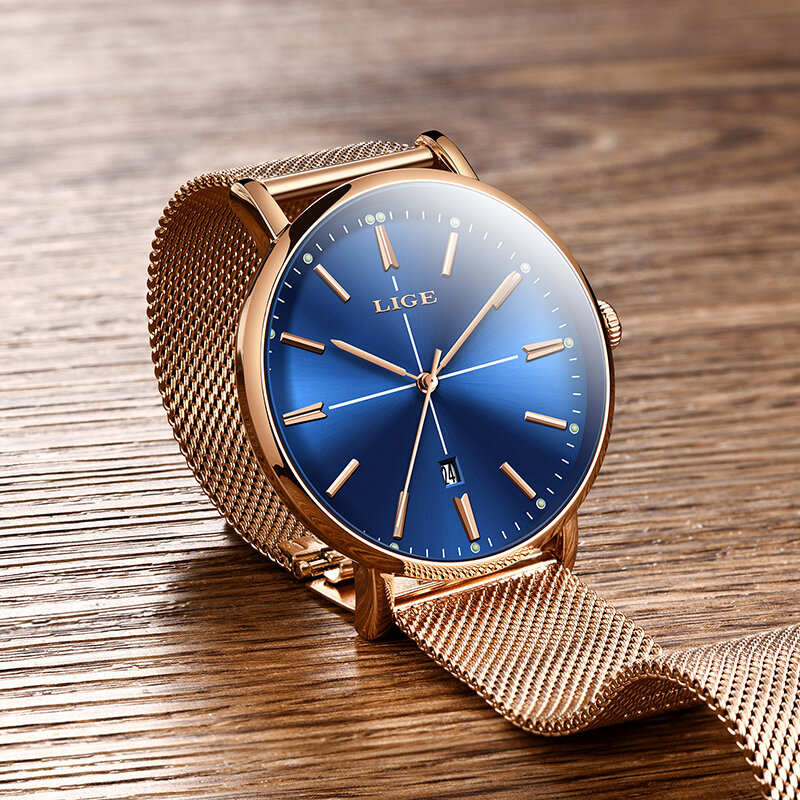 2019 LIGE nuevo reloj de cuarzo de negocios de mesa azul de oro rosa para mujer reloj de marca de lujo superior para mujer reloj de chica reloj femenino