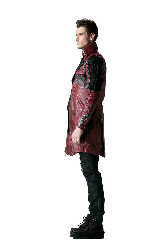 Gothic PU Leather Men Long Coats Polyester Rivet Casual Jackets Punk Long Sleeve Trench Coat Outwear