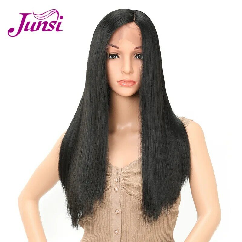 JUNSI-Peluca de cabello sintético para mujer, cabellera artificial largo con malla frontal, color negro con parte media, fibra resistente al calor